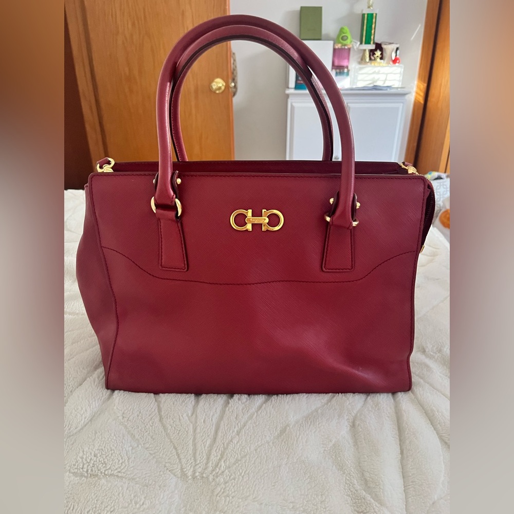 Salvatore, Ferragamo burgundy leather hand bag